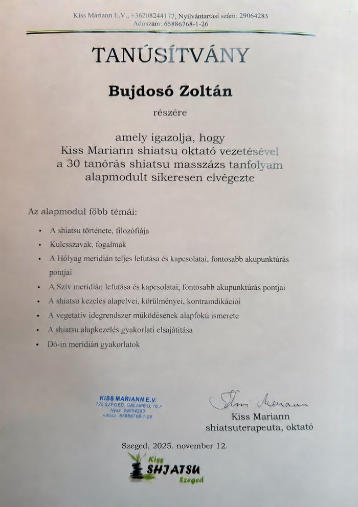 Shiatsu alapmodul tanúsítvány